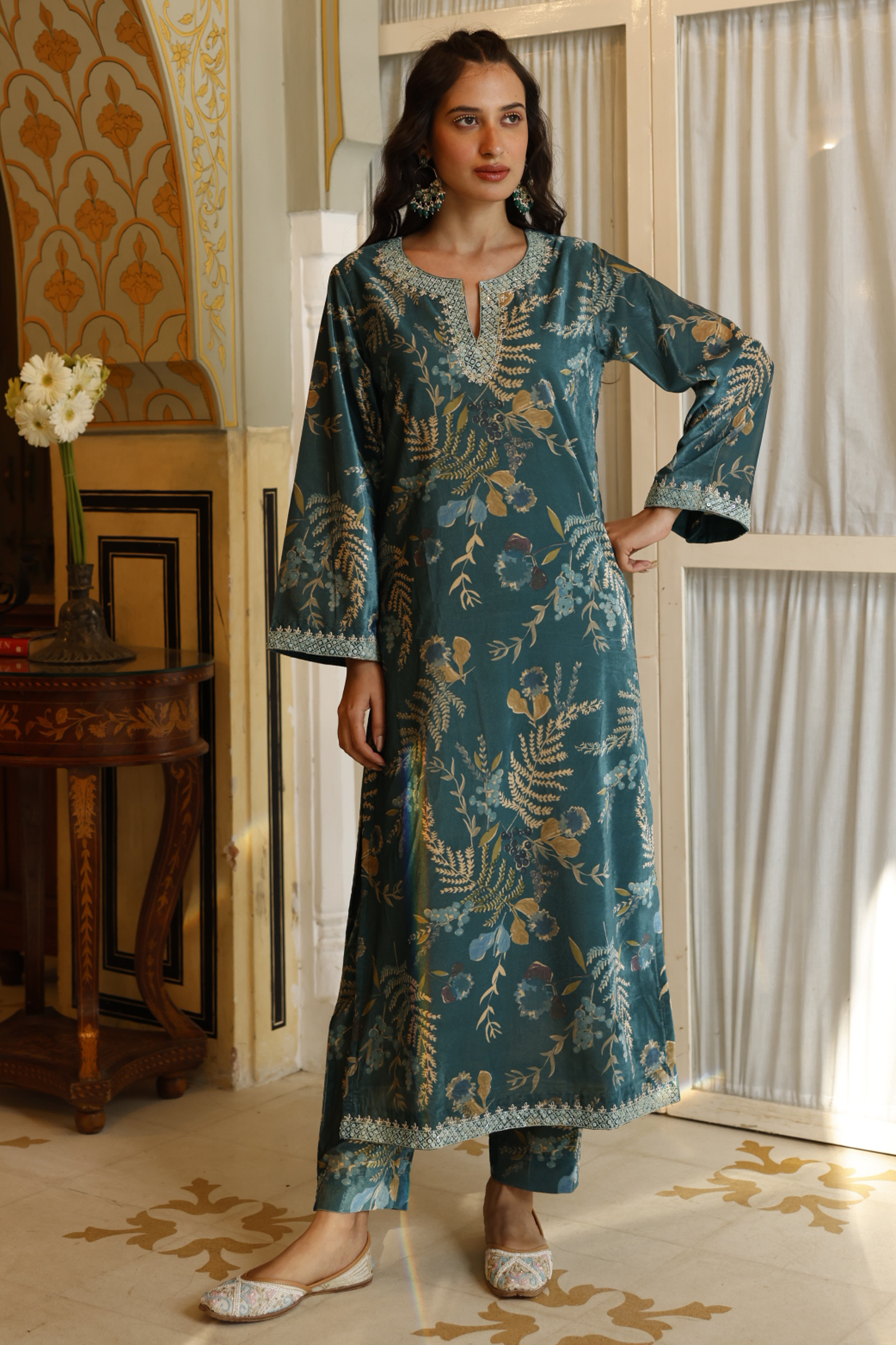 Teal Blue Velvet Embroidered Straight Kurta Set by HARSHA KHATRY