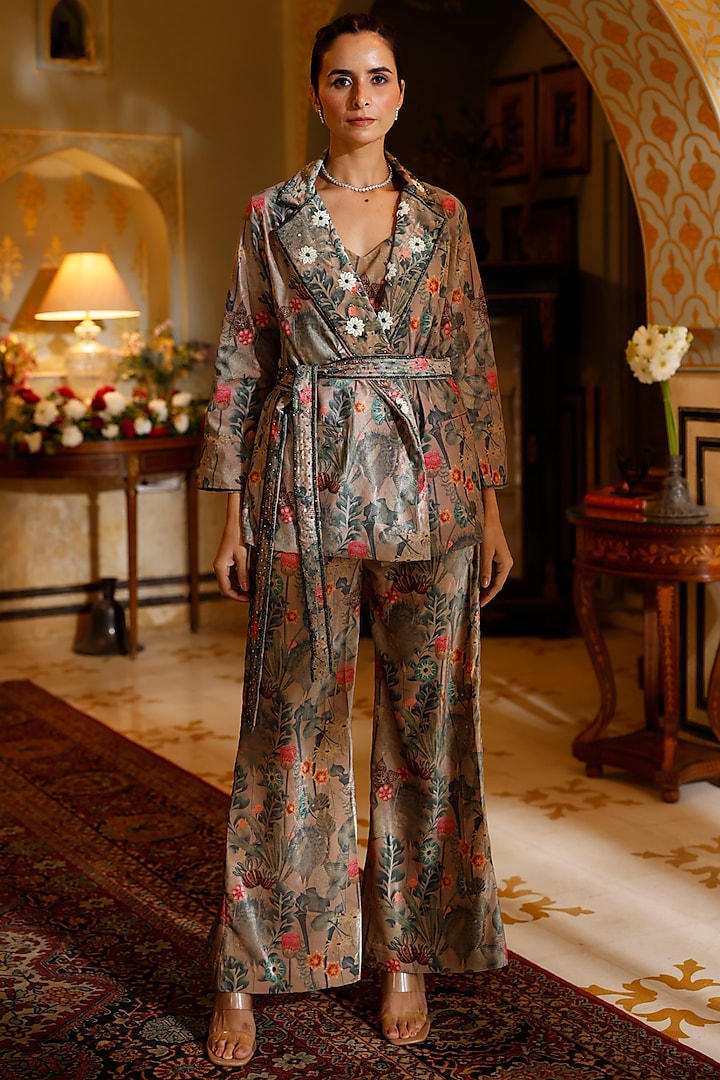 Beige-Green Velvet Embroidered Pant Suit Set by HARSHA KHATRY