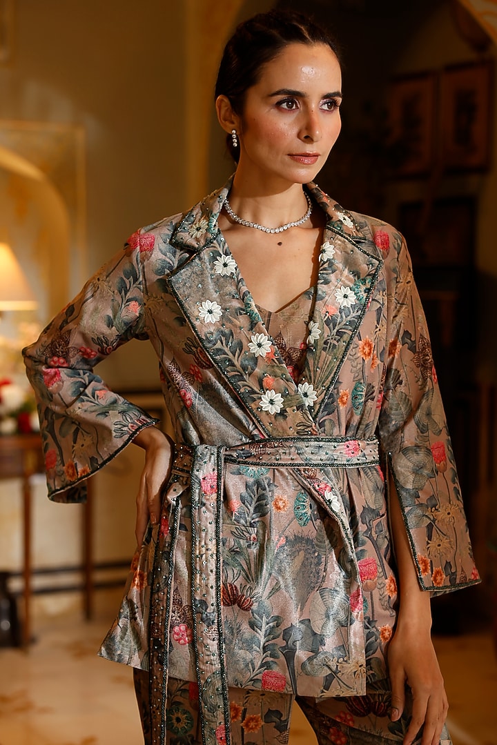 Beige-Green Velvet Embroidered Pant Suit Set by HARSHA KHATRY at Pernia's Pop Up Shop