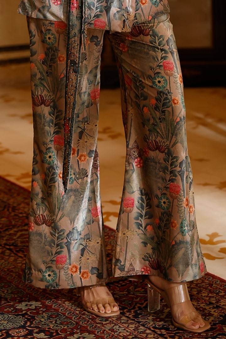 Beige-Green Velvet Embroidered Pant Suit Set by HARSHA KHATRY at Pernia's Pop Up Shop