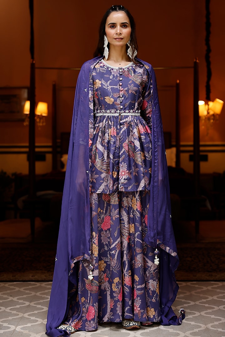Purple Silk Embroidered Kurta Set by HARSHA KHATRY