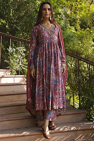 Rust Silk Embroidered Angrakha Kurta Set by HARSHA KHATRY