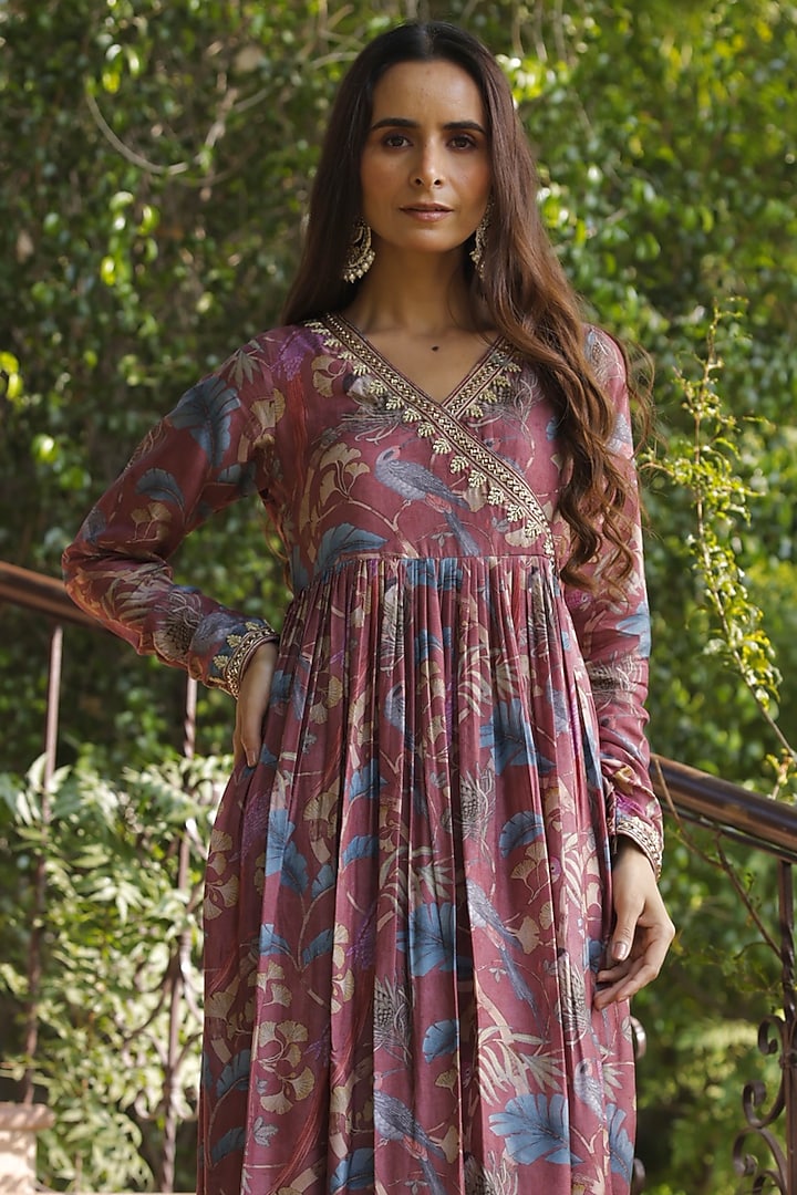 Rust Silk Embroidered Angrakha Kurta Set by HARSHA KHATRY at Pernia's Pop Up Shop