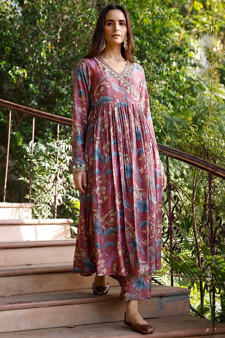 Rust Silk Embroidered Angrakha Kurta Set by HARSHA KHATRY at Pernia's Pop Up Shop