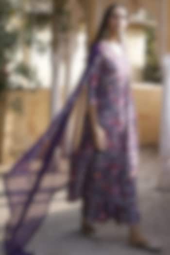 Purple Silk Floral Printed & Embroidered Kurta Set by HARSHA KHATRY at Pernia's Pop Up Shop