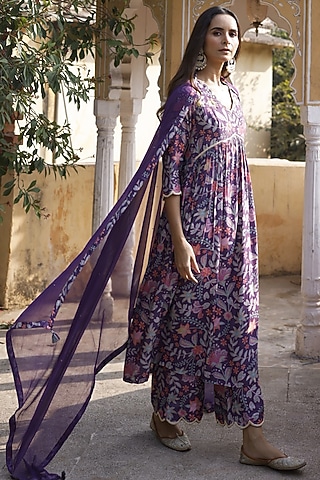 Purple Silk Floral Printed & Embroidered Kurta Set by HARSHA KHATRY