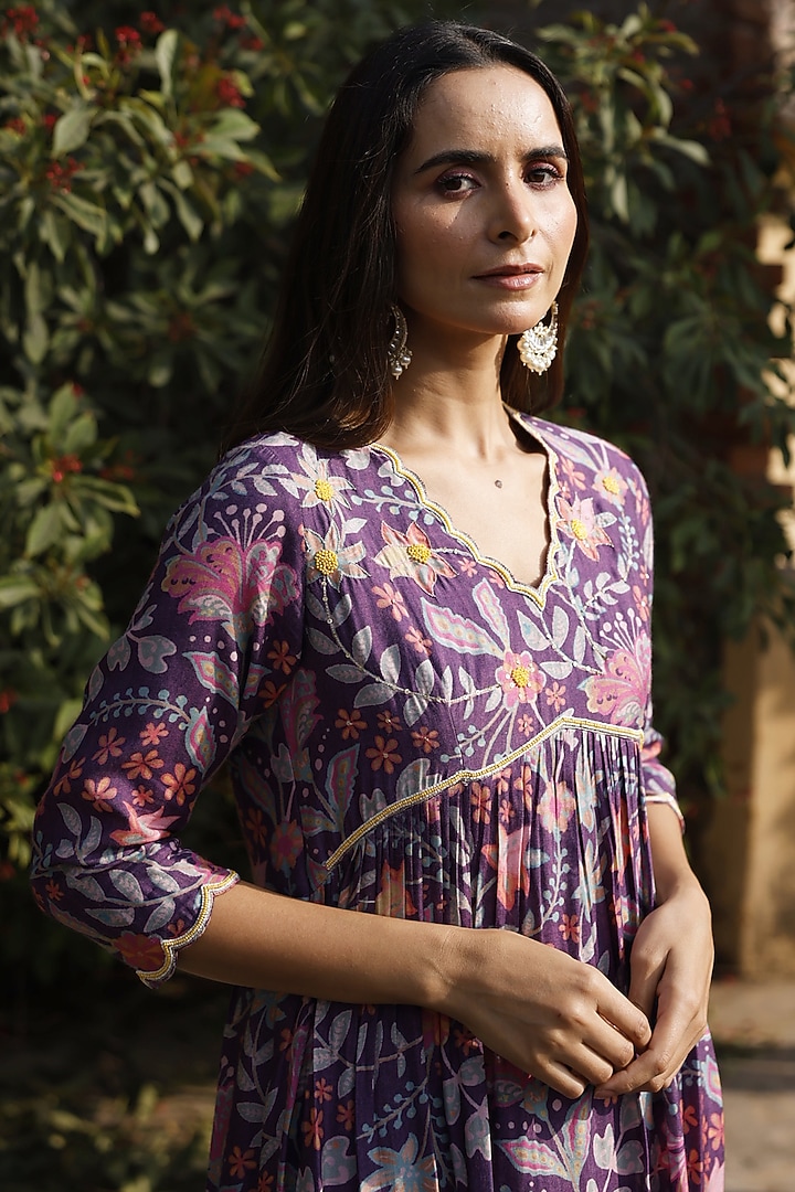 Purple Silk Floral Printed & Embroidered Kurta Set by HARSHA KHATRY at Pernia's Pop Up Shop