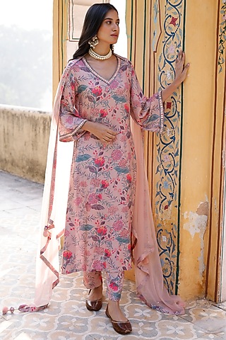 Pastel Peach SIlk Embroidered A-Line Kurta Set by HARSHA KHATRY