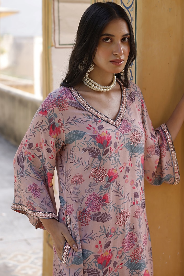 Pastel Peach SIlk Embroidered A-Line Kurta Set by HARSHA KHATRY at Pernia's Pop Up Shop