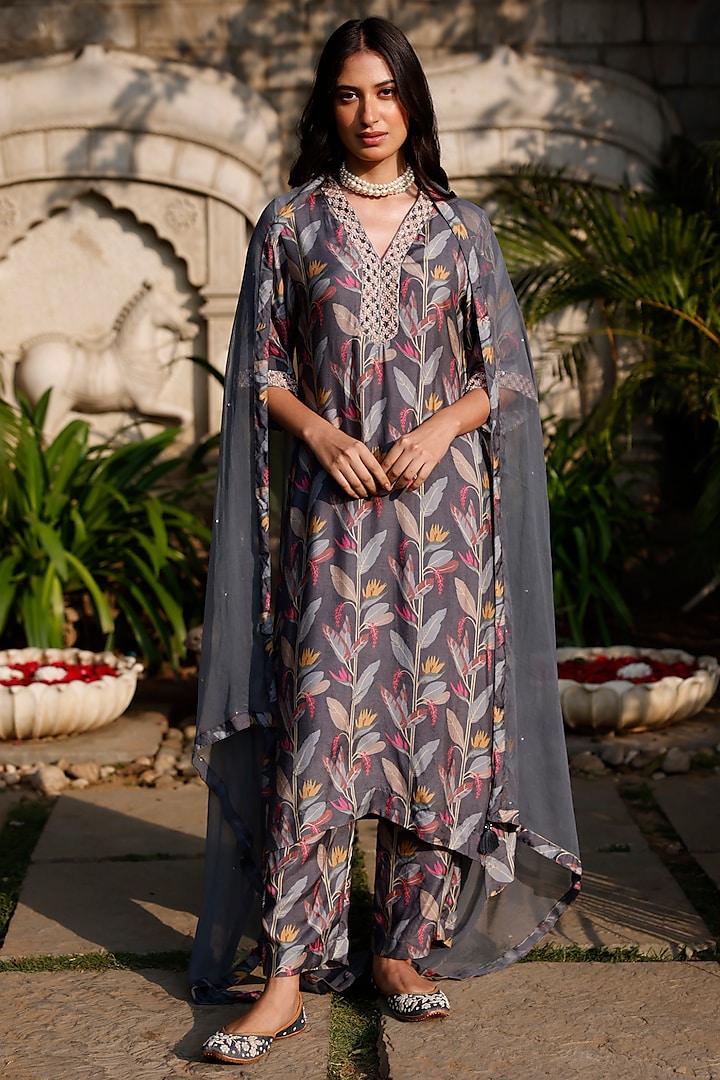 Grey Muslin Silk Printed & Embellished Kurta Set by HARSHA KHATRY