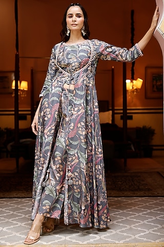 Grey Tussar Silk Embroidered Cape Set by HARSHA KHATRY