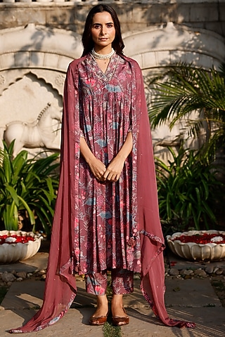 Brown Muslin Silk Printed & Embroidered Kurta Set by HARSHA KHATRY