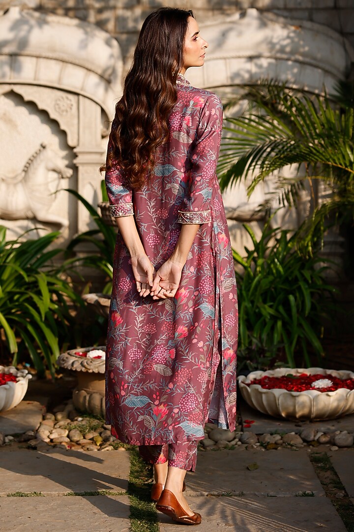 Brown Muslin Silk Printed & Embroidered Kurta Set by HARSHA KHATRY at Pernia's Pop Up Shop