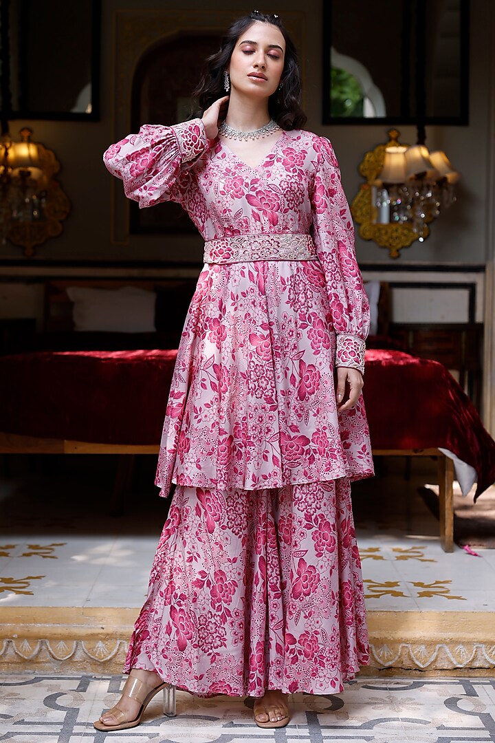 Pink Tussar Silk Hand Embroidered Kurta Set by HARSHA KHATRY