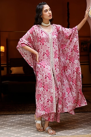 Pink Tussar Silk Embellished & Printed Kaftan Set by HARSHA KHATRY