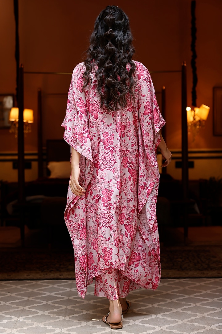Pink Tussar Silk Embellished & Printed Kaftan Set by HARSHA KHATRY at Pernia's Pop Up Shop