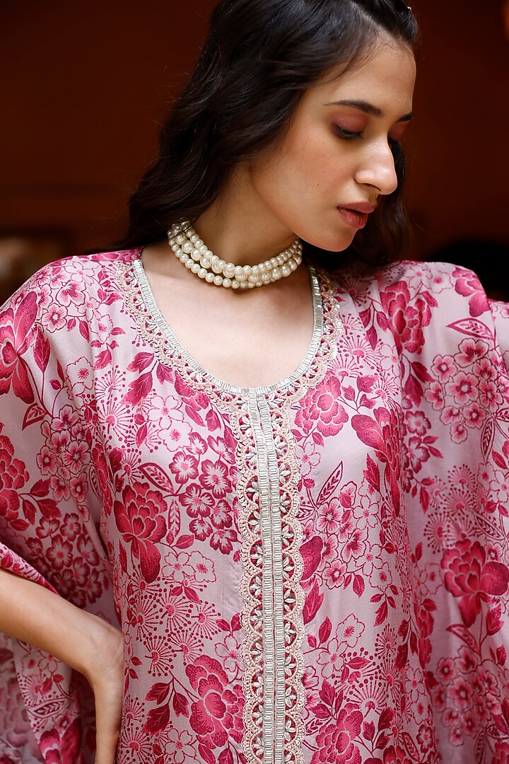 Pink Tussar Silk Embellished & Printed Kaftan Set by HARSHA KHATRY at Pernia's Pop Up Shop