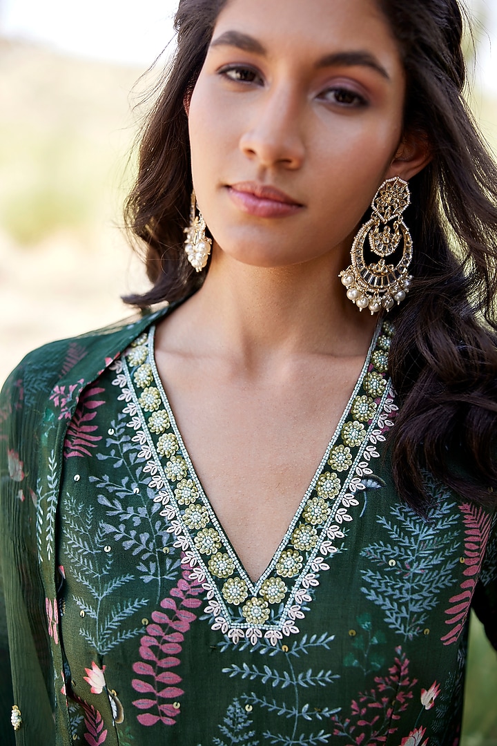 Dark Green Tussar Silk Printed & Embroidered Kurta Set by HARSHA KHATRY at Pernia's Pop Up Shop