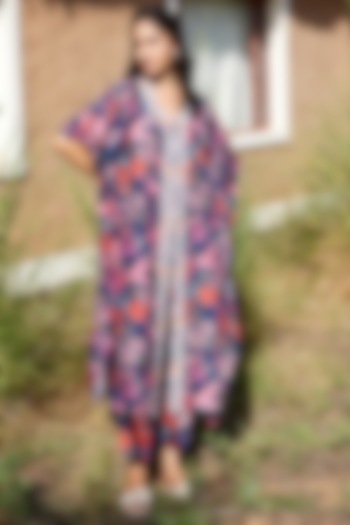 Navy Blue Tussar Silk Printed & Embellished Kaftan Set by HARSHA KHATRY at Pernia's Pop Up Shop