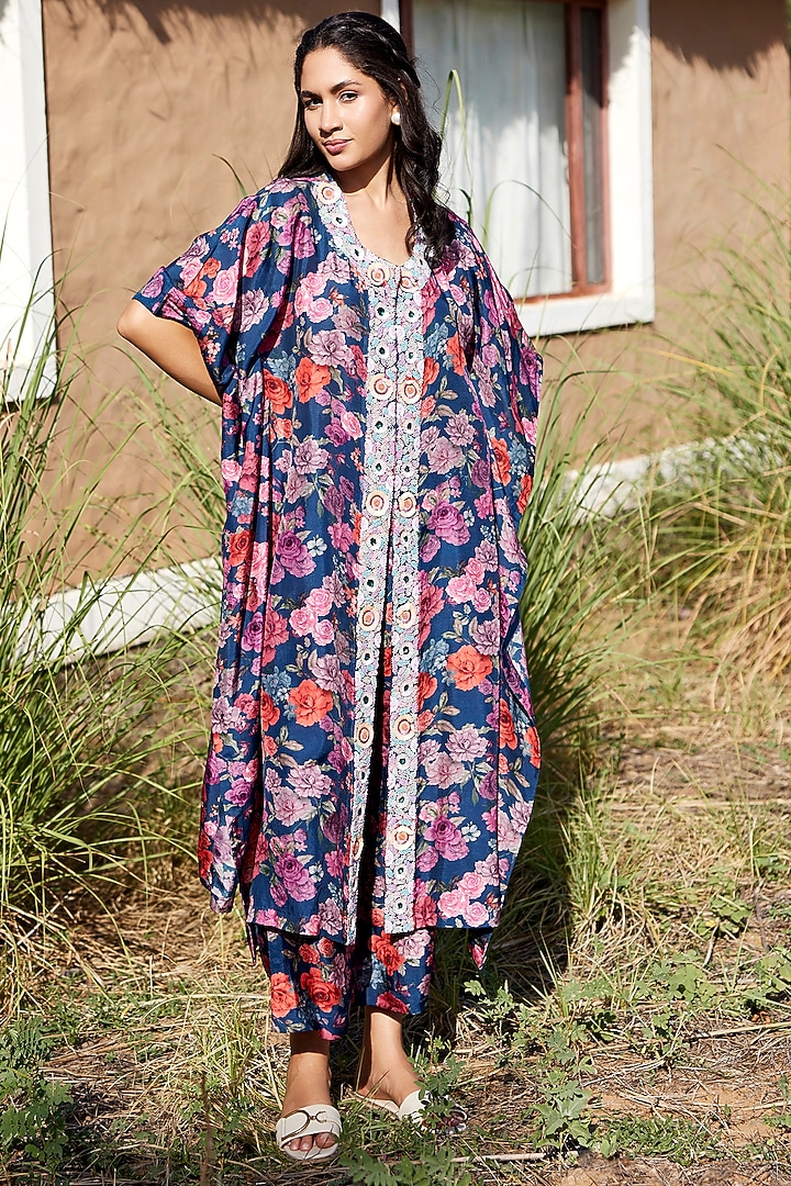 Navy Blue Tussar Silk Printed & Embellished Kaftan Set by HARSHA KHATRY at Pernia's Pop Up Shop