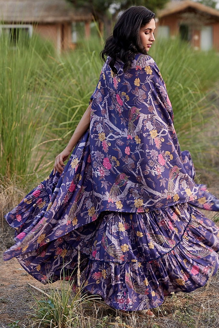 Purple Tussar Silk Printed & Embroidered Jacket Lehenga Set by HARSHA KHATRY at Pernia's Pop Up Shop