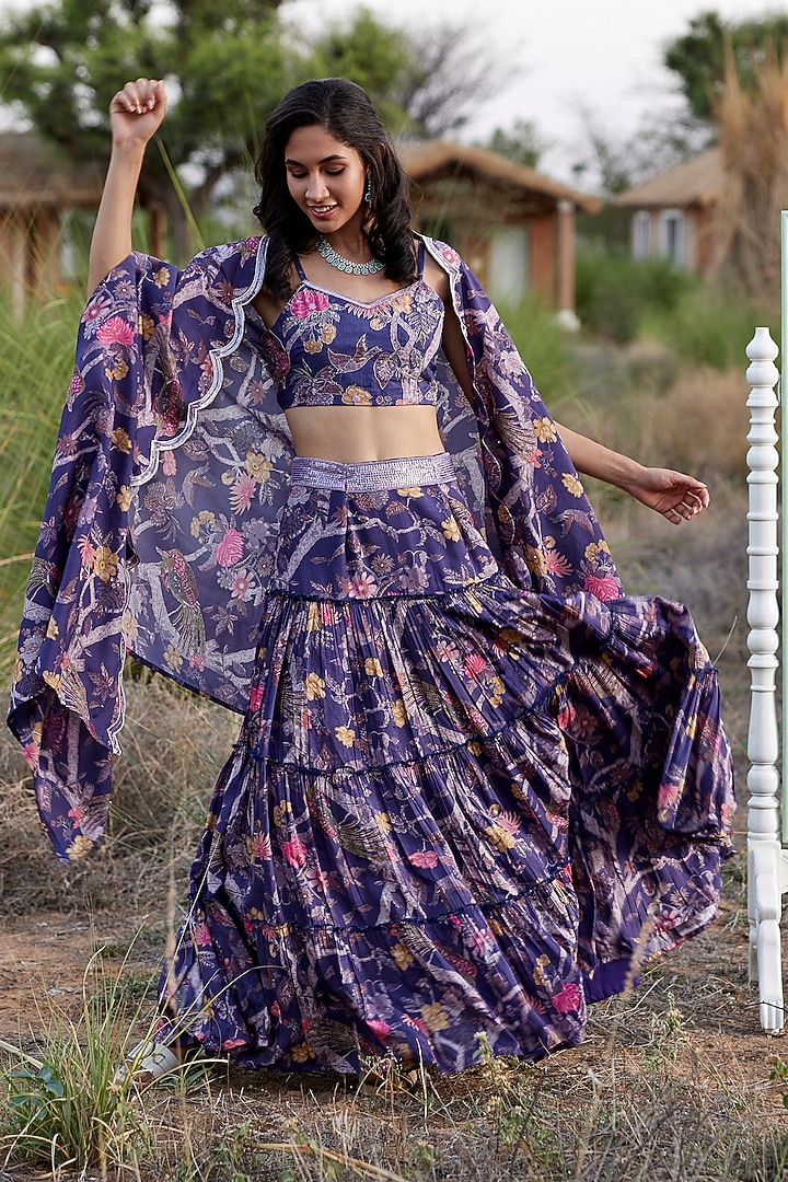 Purple Tussar Silk Printed & Embroidered Jacket Lehenga Set by HARSHA KHATRY at Pernia's Pop Up Shop