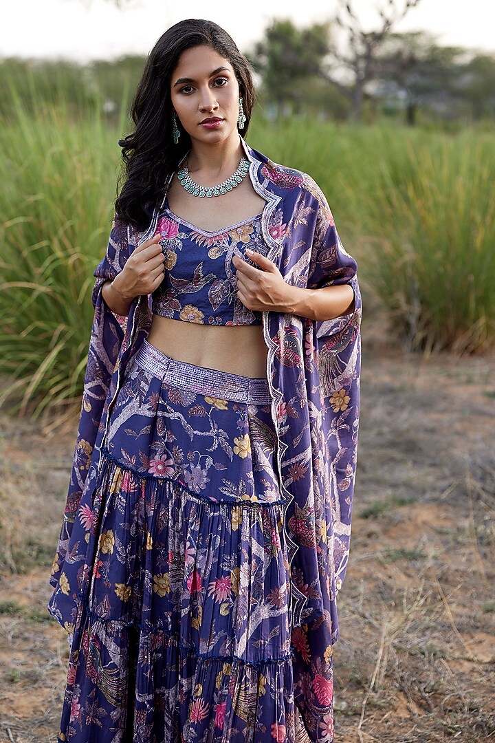 Purple Tussar Silk Printed & Embroidered Jacket Lehenga Set by HARSHA KHATRY at Pernia's Pop Up Shop