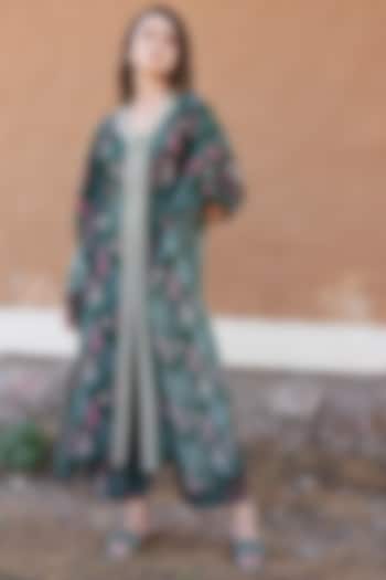 Dark Green Tussar Silk Printed & Embroidered Kaftan Set by HARSHA KHATRY at Pernia's Pop Up Shop