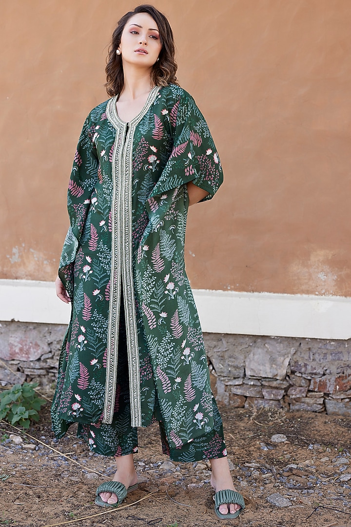 Dark Green Tussar Silk Printed & Embroidered Kaftan Set by HARSHA KHATRY at Pernia's Pop Up Shop