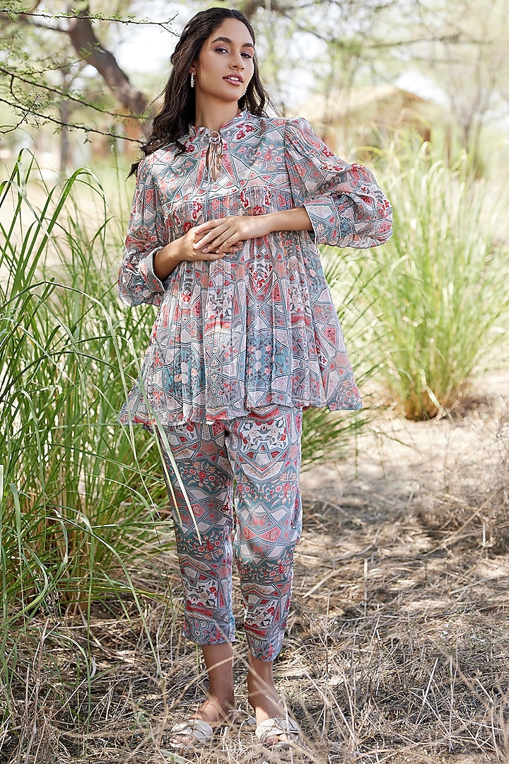 Sky Blue Chinon Chiffon Printed & Embroidered Co-Ord Set by HARSHA KHATRY