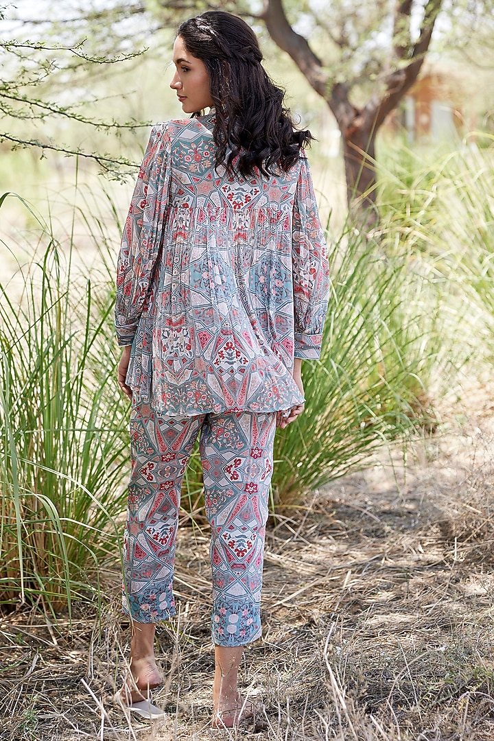 Sky Blue Chinon Chiffon Printed & Embroidered Co-Ord Set by HARSHA KHATRY at Pernia's Pop Up Shop
