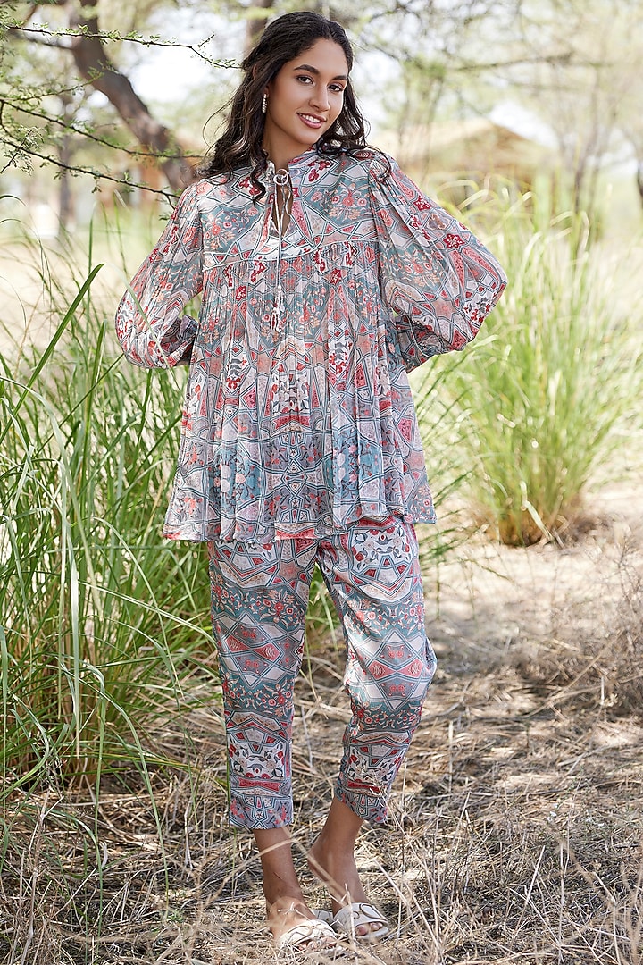 Sky Blue Chinon Chiffon Printed & Embroidered Co-Ord Set by HARSHA KHATRY at Pernia's Pop Up Shop