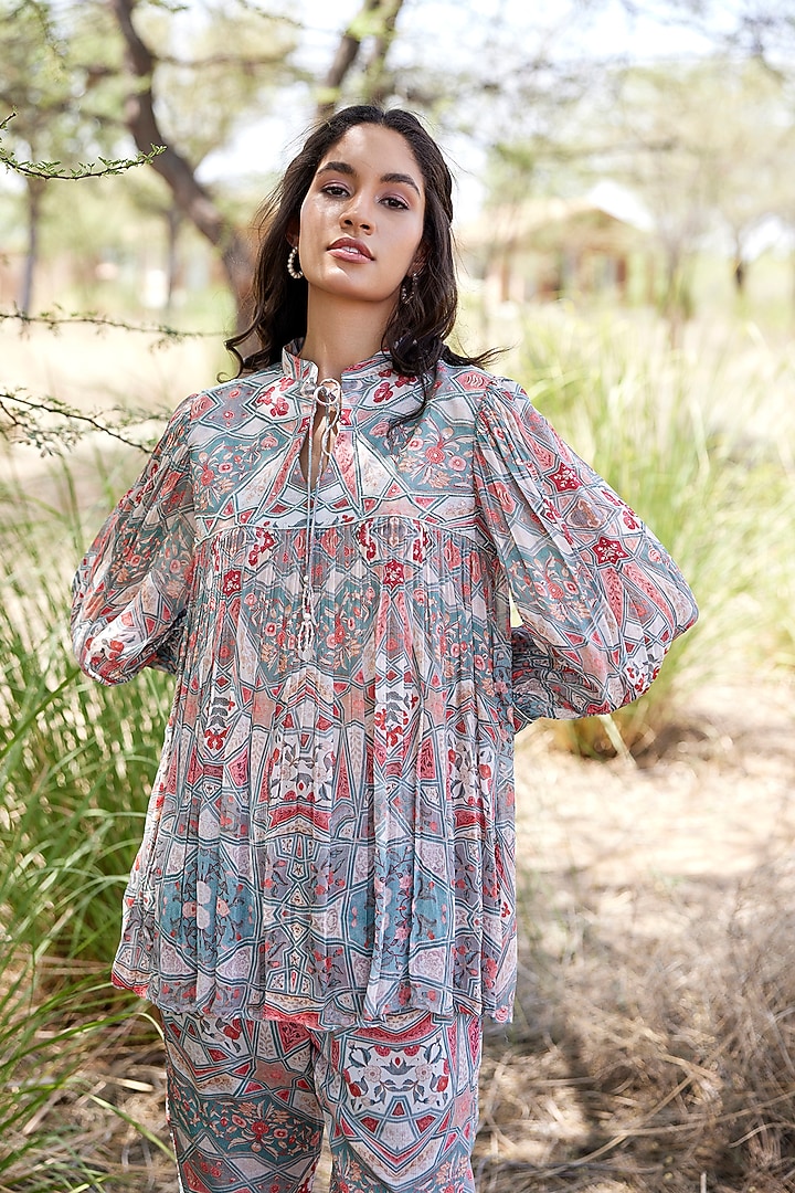Sky Blue Chinon Chiffon Printed & Embroidered Co-Ord Set by HARSHA KHATRY at Pernia's Pop Up Shop
