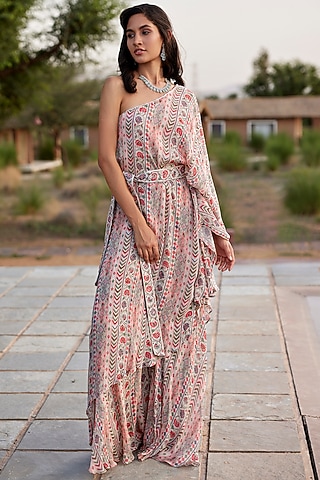 Beige Chinon Chiffon Embroidered & Printed Kaftan Set by HARSHA KHATRY