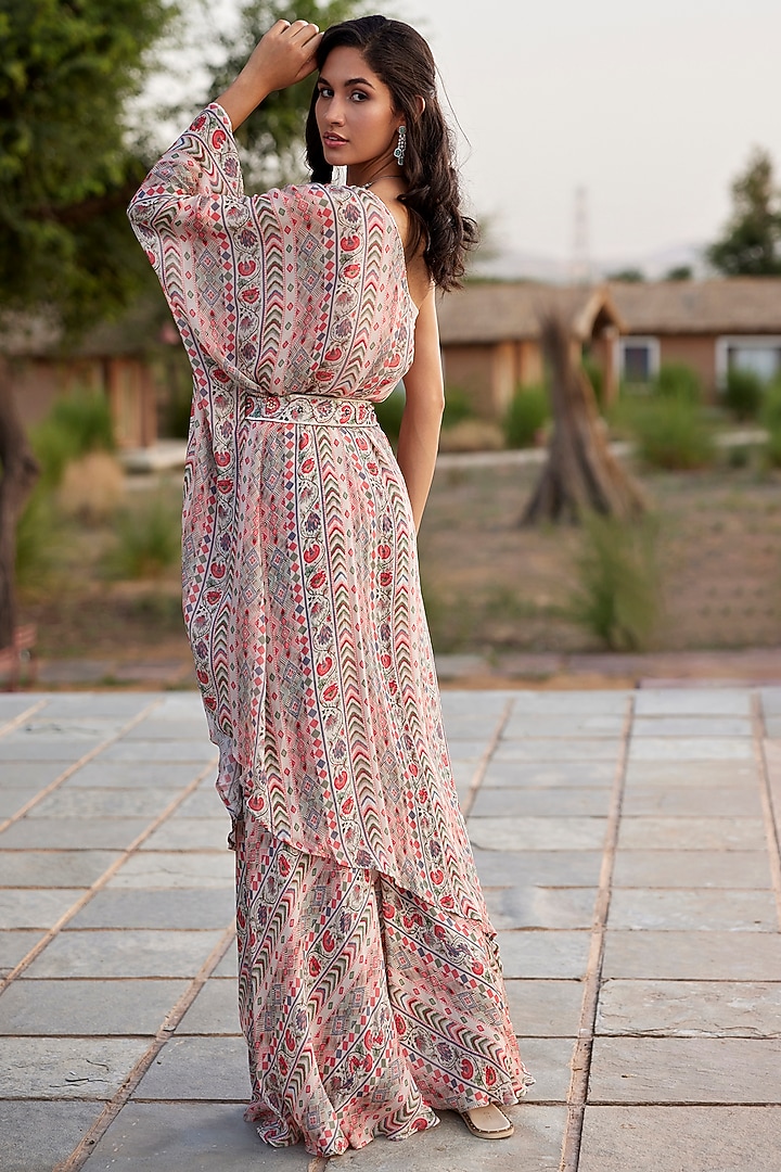 Beige Chinon Chiffon Embroidered & Printed Kaftan Set by HARSHA KHATRY at Pernia's Pop Up Shop