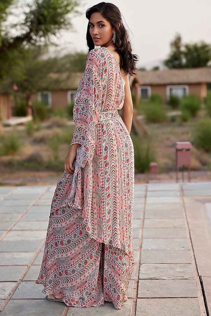 Beige Chinon Chiffon Embroidered & Printed Kaftan Set by HARSHA KHATRY at Pernia's Pop Up Shop