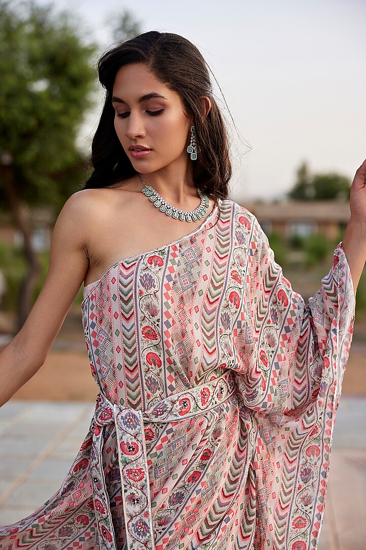 Beige Chinon Chiffon Embroidered & Printed Kaftan Set by HARSHA KHATRY at Pernia's Pop Up Shop