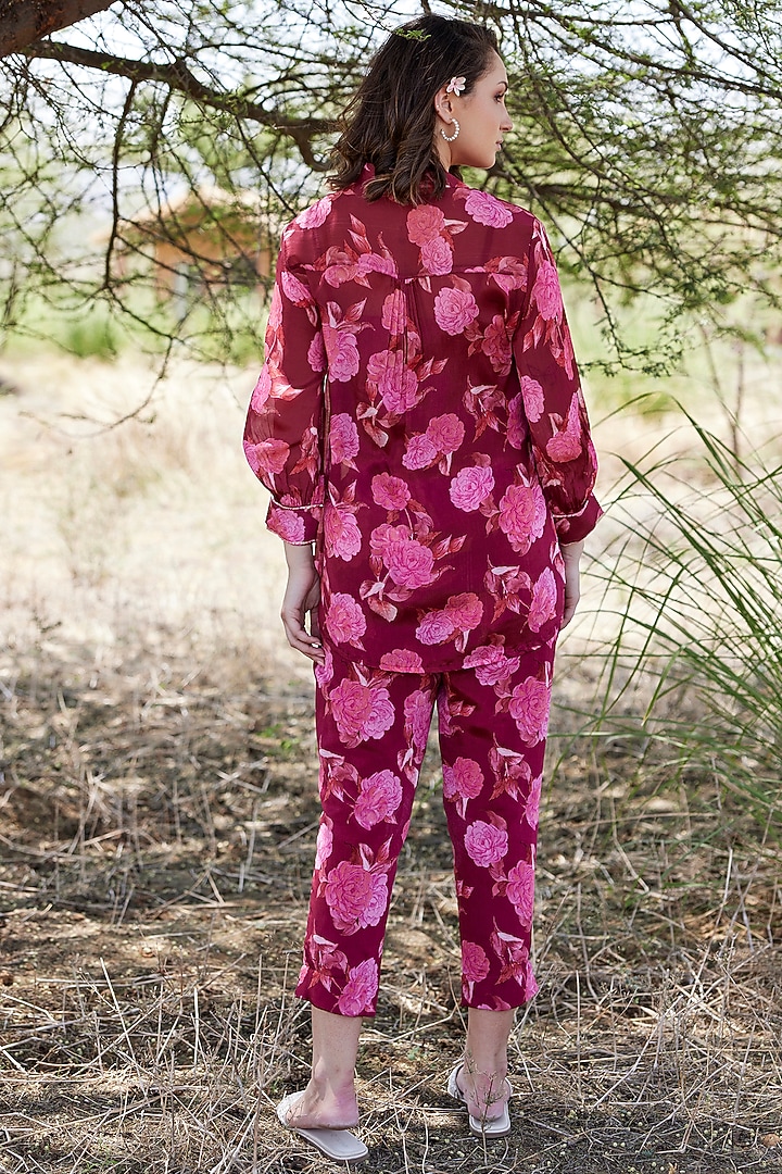 Cherry Red Chinon Chiffon Floral Printed Co-Ord Set by HARSHA KHATRY at Pernia's Pop Up Shop