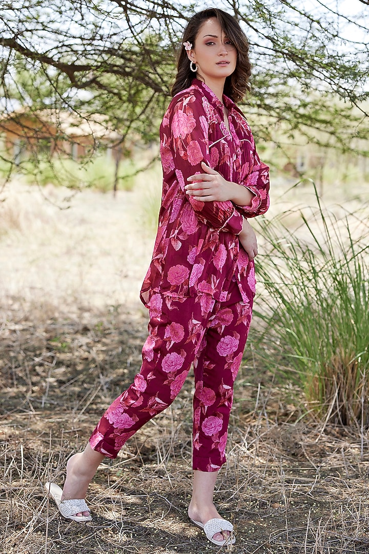 Cherry Red Chinon Chiffon Floral Printed Co-Ord Set by HARSHA KHATRY at Pernia's Pop Up Shop