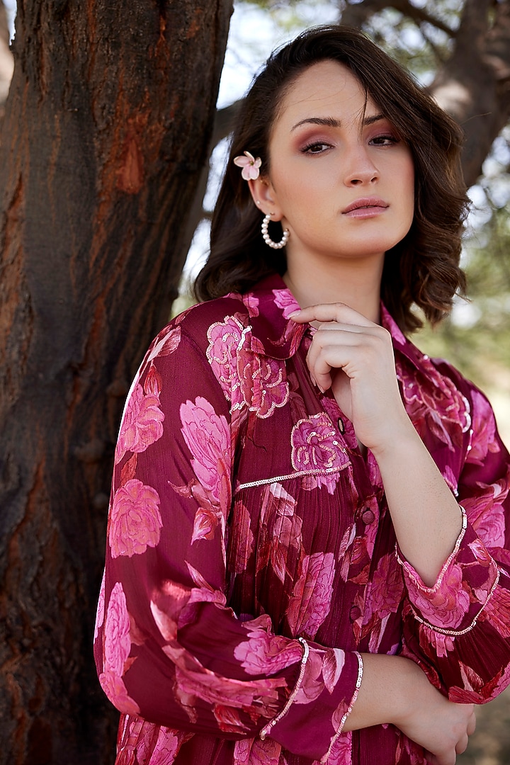 Cherry Red Chinon Chiffon Floral Printed Co-Ord Set by HARSHA KHATRY at Pernia's Pop Up Shop
