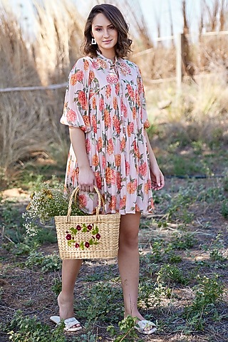 Beige Chinon Chiffon Floral Printed Pleated Dress by HARSHA KHATRY