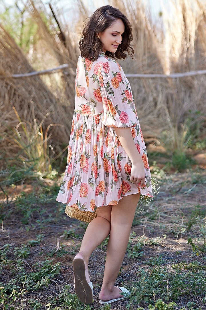 Beige Chinon Chiffon Floral Printed Pleated Summer Dress by HARSHA KHATRY at Pernia's Pop Up Shop