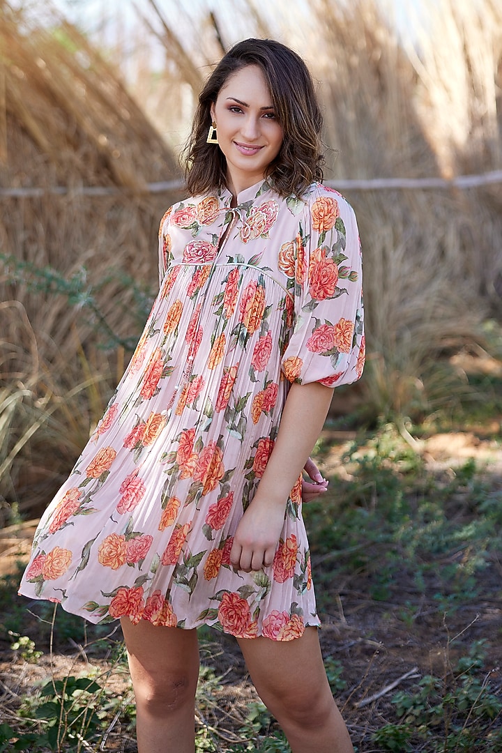 Beige Chinon Chiffon Floral Printed Pleated Summer Dress by HARSHA KHATRY at Pernia's Pop Up Shop