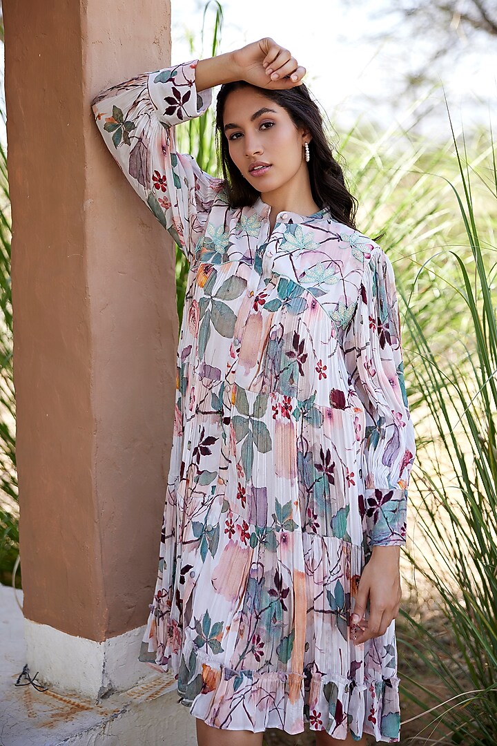 White Chinon Chiffon Floral Printed Summer Dress by HARSHA KHATRY at Pernia's Pop Up Shop