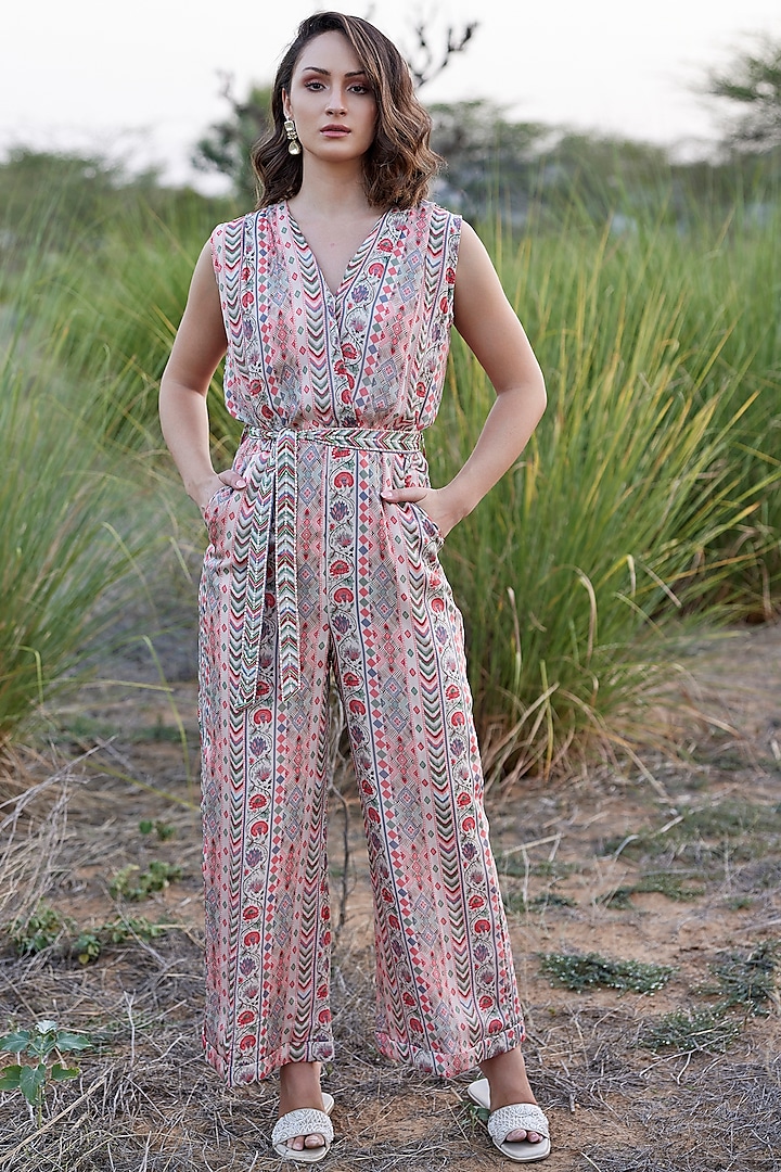 Beige Chinon Chiffon Abstract Printed Jumpsuit by HARSHA KHATRY