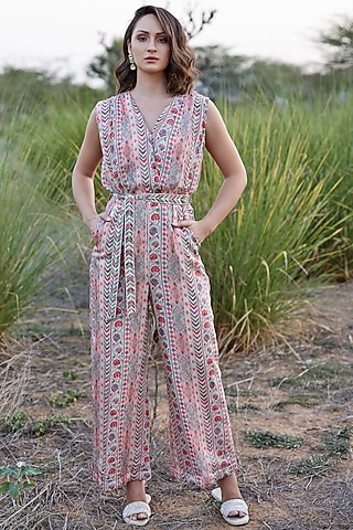 Beige Chinon Chiffon Abstract Printed Jumpsuit by HARSHA KHATRY