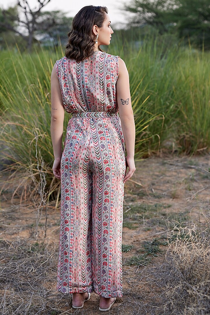 Beige Chinon Chiffon Abstract Printed Jumpsuit by HARSHA KHATRY at Pernia's Pop Up Shop
