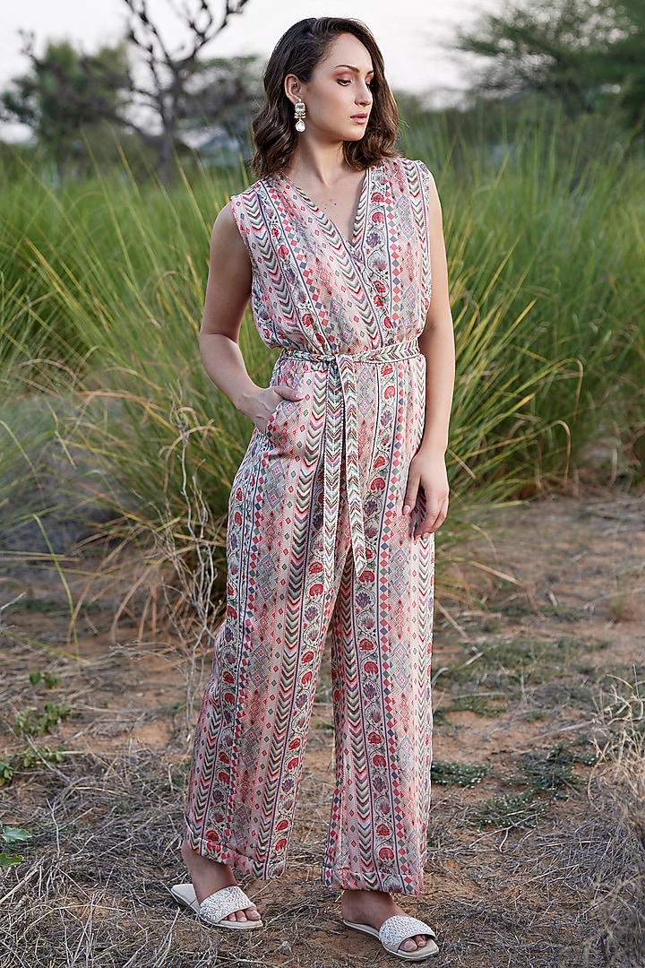 Beige Chinon Chiffon Abstract Printed Jumpsuit by HARSHA KHATRY at Pernia's Pop Up Shop