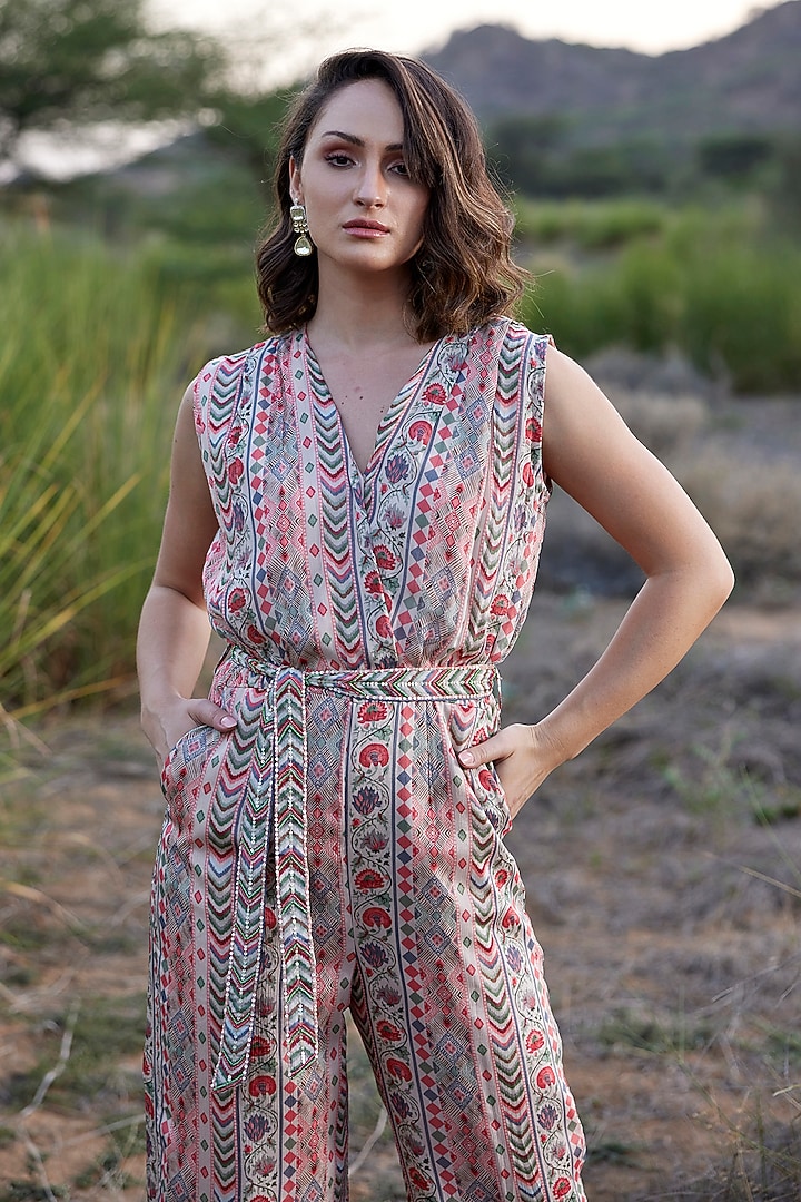 Beige Chinon Chiffon Abstract Printed Jumpsuit by HARSHA KHATRY at Pernia's Pop Up Shop