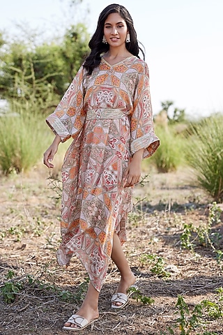 Beige Chinon Chiffon Abstract Printed Kaftan Dress by HARSHA KHATRY